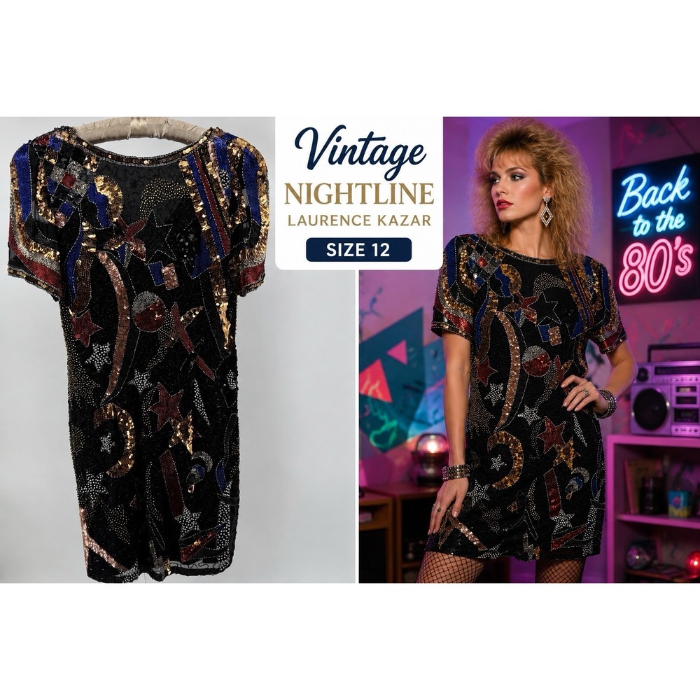 Night Line Laurence Kazar Beaded Sequin Dress 12 VTG 80's Silk Celestial Art